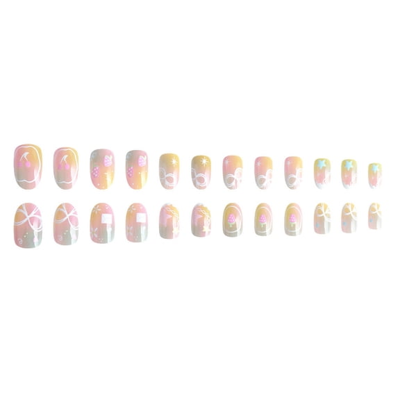 Spring Summer Macaron Gradient Oval Press On Nails 24 Pcs Knot Design Wearable Fake Nail Art Tips Women