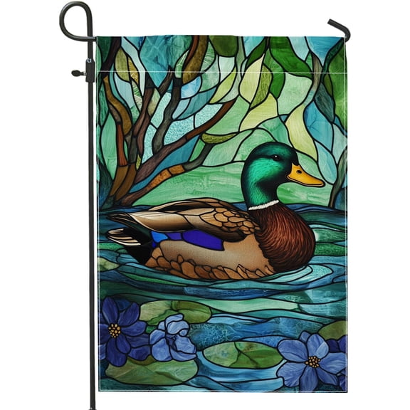 Spring Summer Mallard Duck Garden Flag, Colorful Stained Glass Nature Decor, Double Sided Outdoor Lawn Banner, 12 x 18 Inch