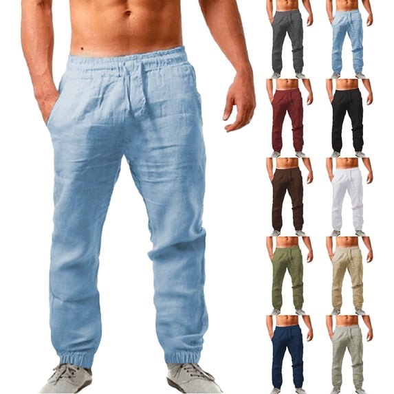 Spring Summer Men's Solid Color Cotton Casual Pants Drawstring Comfort Fit