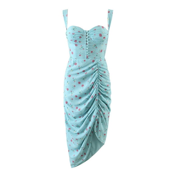 Spring Summer New Fashion Sexy Irregular Design Chiffon Square Neck Pleated Strap Long Slim Midi Dress Women-picture 2-S
