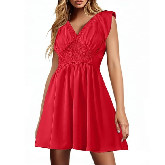 Spring/Summer New Pleated V Neck Fly Sleeve Cover Up Beach Skirt Dress