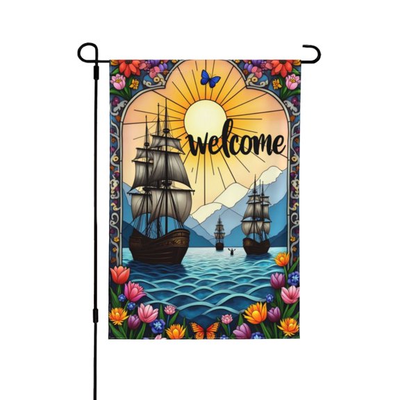 Spring Summer Ocean Garden Flag Welcome For Outside A Stained Glass Window Depicting Sailing Ships In The Ocean 1218 In Double Yard Flag Farmhouse Decoration Home Festival Gazebo Terrace