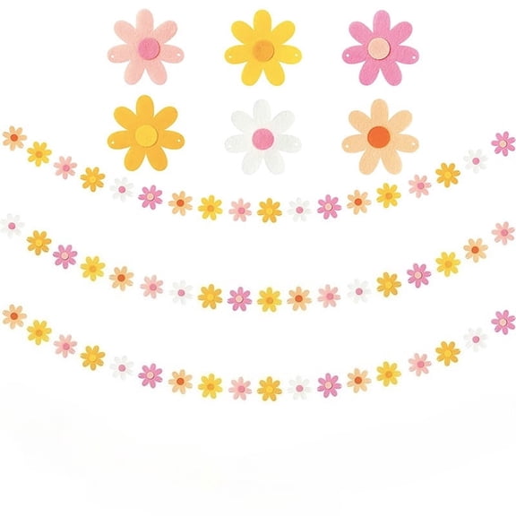 Spring Summer Orange Pink Daisy Felt Garland Groovy Daisy Wedding Party Decorations Fall Boho Daisy Flower Banner Girls Birthday Crafts Garland Nursery Outdoor Garden Hanging Decoration