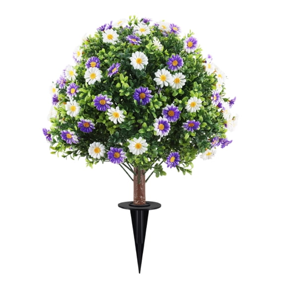 Spring Summer Outdoor Solar Lighted Artificial Topiary Tree, Purple White Daisy Flowering Topiary With Stake For Garden Patio Decoration, Outdoor Uv Resistant Faux Greenery Plant