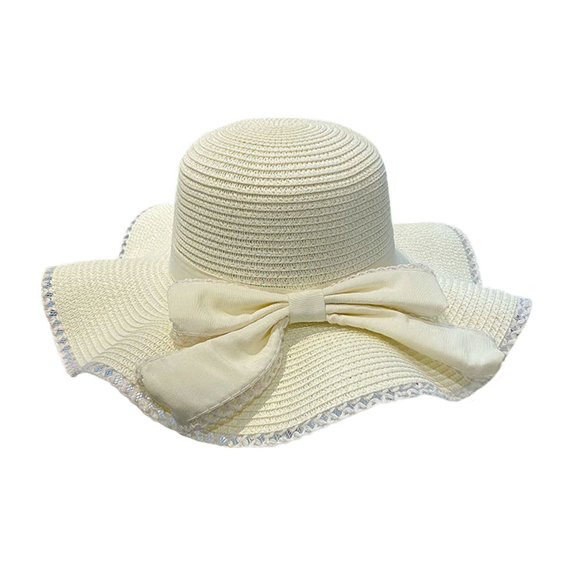Spring Summer Outdoor Sunscreen Wide Brim Panama Hat Foldable Fisherman Cap Beach Cap Bucket Hat Bow Straw Hat Sun Hat WHITE