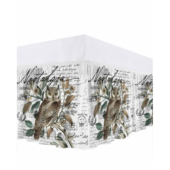 Spring Summer Owl Floral Leaves Vintage Envelope Letters White Bed Skirt King Size 16" Drop Ruffled Wrap Around Bed Skirts Adjustable Elastic Bedskirt Dust Ruffle for King Size Bed