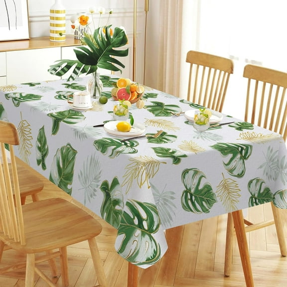 Spring Summer Palm Leaves Monstera Rectangle Tablecloth 52 x 70 Inch, Tropical Plants Gold Leaf Decorative Table Cloth Dining Table Cover, Hawaii Botanical Dinner Party Picnic Decoration