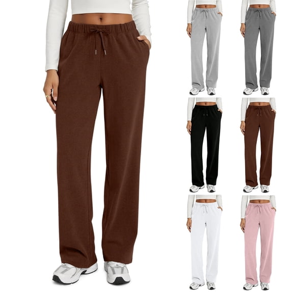 Spring Summer Pants for Women Soft Lounge Wide Leg Sweat Pants Elastic Waist Mid-Weight Pajama Pants with Pockets, #02 Brown XL