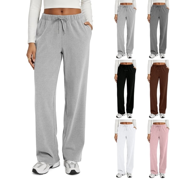 Spring Summer Pants for Women Soft Lounge Wide Leg Sweat Pants Elastic Waist Mid-Weight Pajama Pants with Pockets, #02 Light Gray S