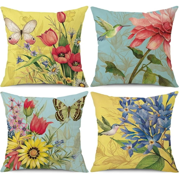 Spring Summer Pillow Covers 16x16 Set of 4 Decorative Throw Pillow Covers Linen Flower Butterfly Farmhouse Pillowcases for Sofa Couch Living Room Outdoor
