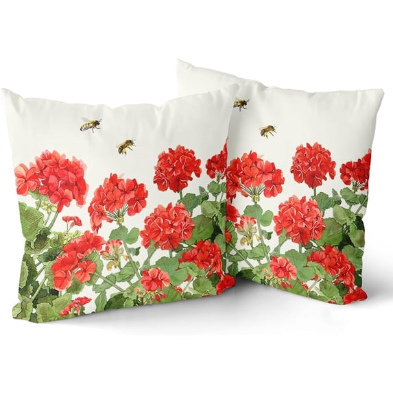 Spring Summer Pillow Covers 18×18 Inch Set of 2 Geranium Watercolor Flowers Decorative Indoor Throw Pillow Covers Cushion Cover for Home Decor Bedroom Living Room Couch Sofa Bed
