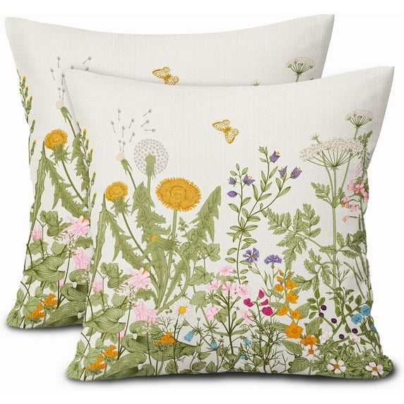 Spring Summer Pillow Covers 18X18 Inch Sage Green Leaves Plant Couch Pillow Cases Yellow Butterfly Floral Throw Pillows Set of 2 Farmhouse Home Decor for Room Bedroom Outdoor Porch Patio Cushion