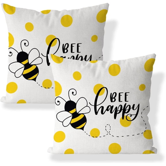Spring Summer Pillow Covers 18x18 Inch Set of 2 Bee Happy Throw Pillows Case Seasonal Garden Outdoor Decorative Square Linen Decor Cushion Covers for Home Sofa Bed Couch