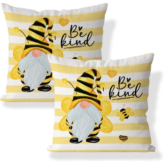 Spring Summer Pillow Covers 18x18 Inch Set of 2 Gnome Bee Kind Stripes Throw Pillows Case Seasonal Outdoor Decorative Square Linen Farmhouse Decor Cushion Covers for Home Sofa Bed Couch