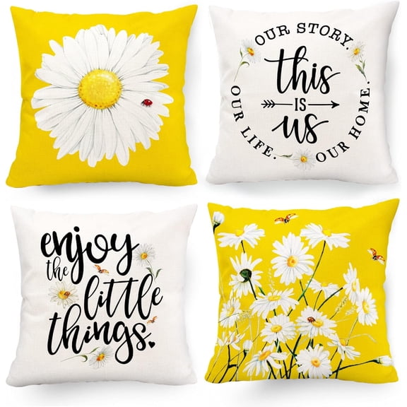 Spring Summer Pillow Covers 18x18 Inch Set of 4, Farmhouse Spring Summer Decor Daisy Floral Yellow Pillow Covers for Couch Sofa Indoor Outdoor Yellow Sunflower Summer Decorations