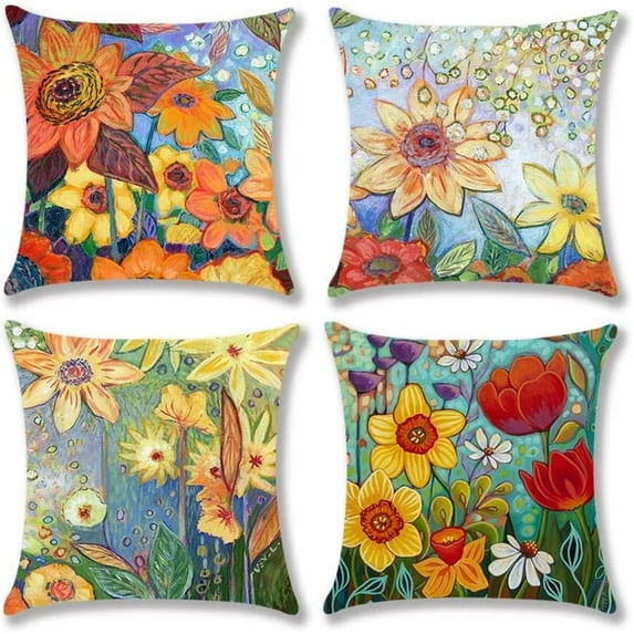 Spring Summer Pillow Covers 18x18 Set of 4,Outdoor Floral Pillow Case, Sunflower Garden Cushion Covers for Holiday Home Seasonal Party Spring Summer Decoration