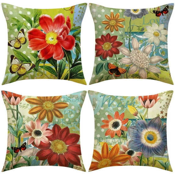 Spring Summer Pillow Covers 18x18 Set of 4, Outdoor Sunflower Pillow Case, Floral Sofa Couch Patio Cushion Case, Cushion Covers for Holiday Home Seasonal Decor