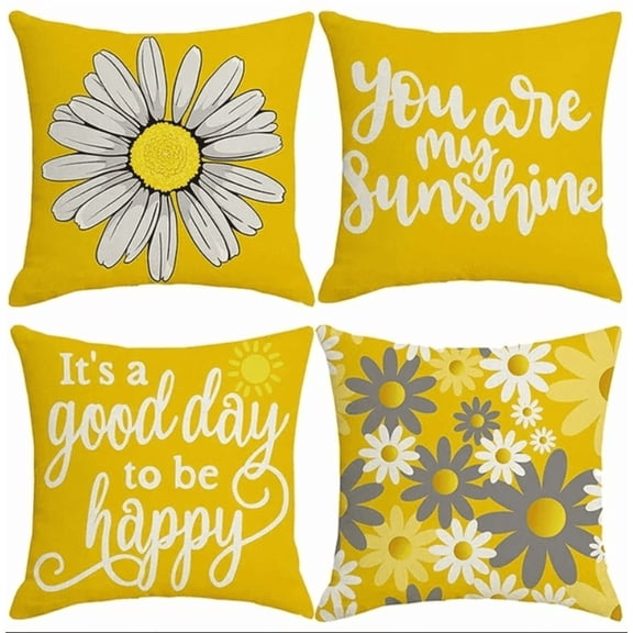 Spring Summer Pillow Covers 18x18 inches Set of 4, Yellow Gray Decor Pillows Sunflower Throw Pillow Covers for Home Couch Sofa Cushion Bed Decorations