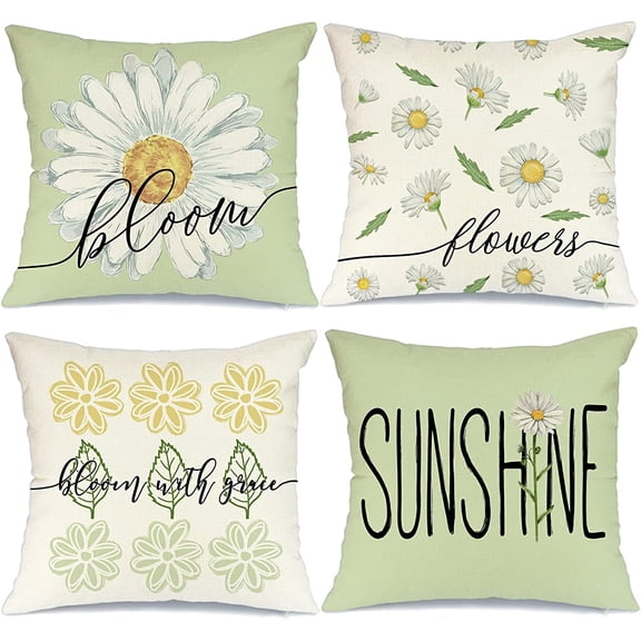 Spring Summer Pillow Covers 30x30 Set of 4 Farmhouse Spring Decor Daisy Bloom Floral Light Green Spring Summer Pillows Decorative Throw Pillows Spring Decorations A546-30