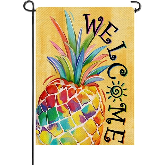 Spring Summer Pineapple Small Decorative Garden Flag, Gradient Pastel Fruit Yard Lawn Decor, Seasonal Double Sided Burlap Outdoor Home Decoration 12 x 18