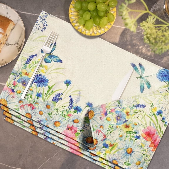 Spring Summer Placemats Set of 4 12x18 inch Cloth Place mats Washable for Kitchen,Dining Table mats Heat Resistant for Holiday Decorations,Blue Wildflowers,Butterfly