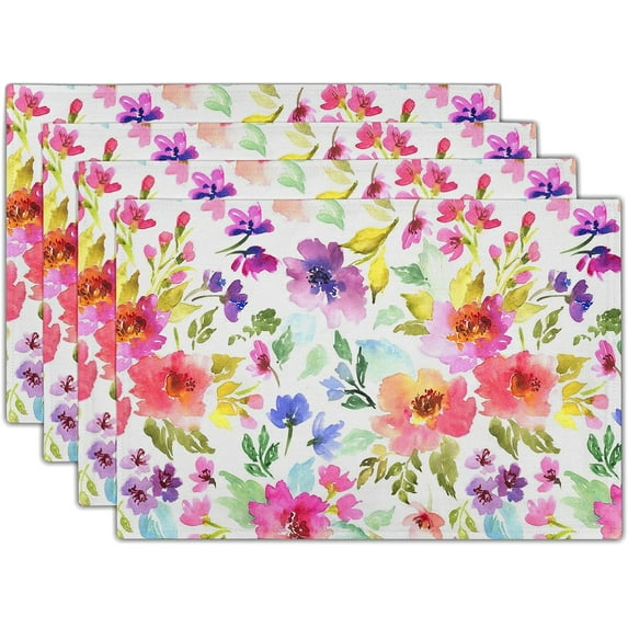 Spring Summer Placemats Set of 4 Washable Non-Slip Heat Resistant 12×18 Inch Spring Floral Watercolor Multicolor Thick Place Mats Decorative Linen Fabric Table Mat for Dining Table Kitchen Home Decor