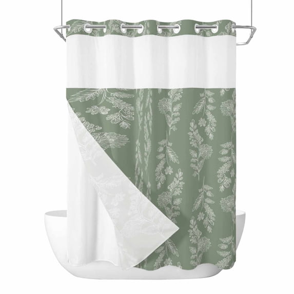 Spring Summer Plant No Hooks Shower Curtain with Snap-in Liner Flowers Leaf Rustic Farmhouse Green Shower Curtains for Bathroom, Waterproof, Easy Install, Washable 48"x72"