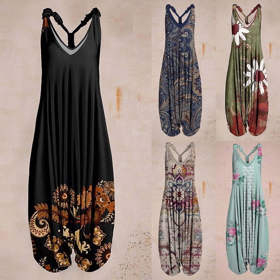 Spring Summer Plus Size Boho Overalls for Women Fashion Jumpsuits Loose Fit Rompers Print Baggy Harem Pants Black 2XL