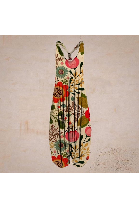 Spring Summer Plus Size Boho Overalls for Women 2026 Fashion Jumpsuits Loose Fit Rompers Print Baggy Harem Pants Red M