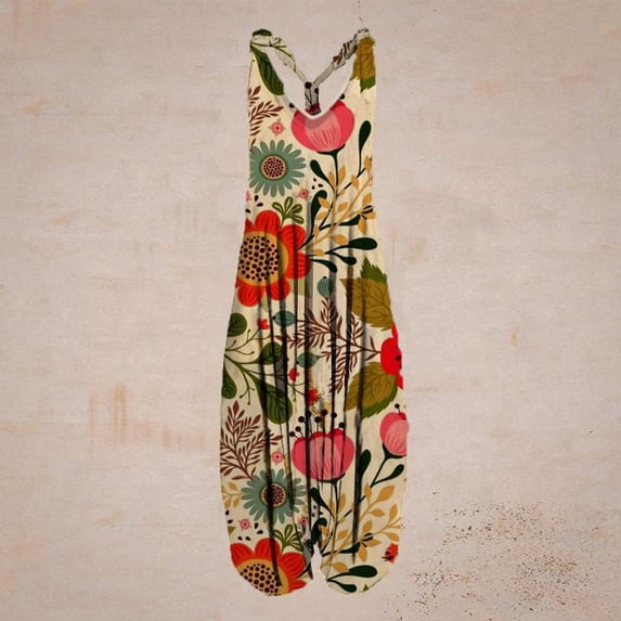 Spring Summer Plus Size Boho Overalls for Women Fashion Jumpsuits Loose Fit Rompers Print Baggy Harem Pants Red M