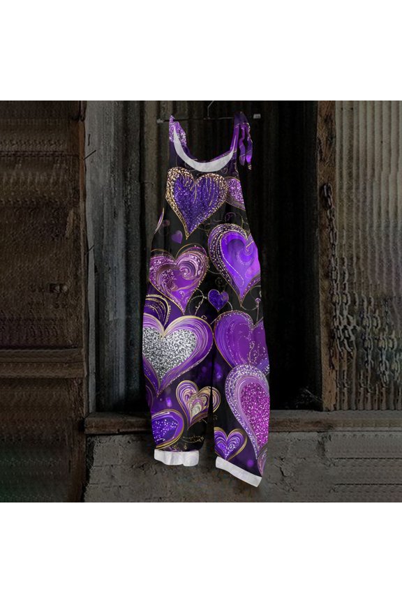 Spring Summer Plus Size Boho Overalls for Women 2026 Heart Print Cloth Floral Printed Jumpsuits Spaghetti Strap Rompers Purple 5XL