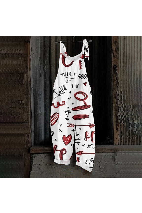 Spring Summer Plus Size Boho Overalls for Women 2026 Heart Print Cloth Floral Printed Jumpsuits Spaghetti Strap Rompers White S