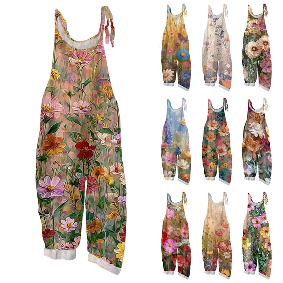 Spring Summer Plus Size Boho Overalls for Women 2026 Hippie Cloth Floral Print Jumpsuits Spaghetti Strap Rompers Pink XL