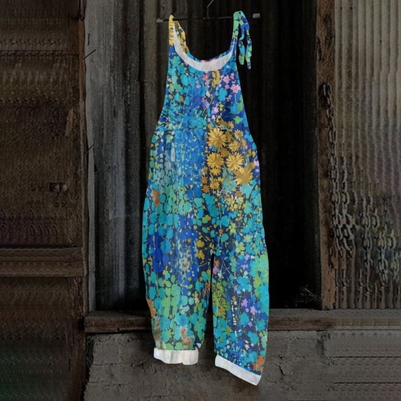 Spring Summer Plus Size Boho Overalls for Women Hippie Cloth Floral Printed Jumpsuits Spaghetti Strap Rompers Blue 5XL