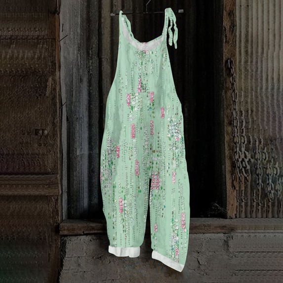 Spring Summer Plus Size Boho Overalls for Women Hippie Cloth Floral Printed Jumpsuits Spaghetti Strap Rompers Green S