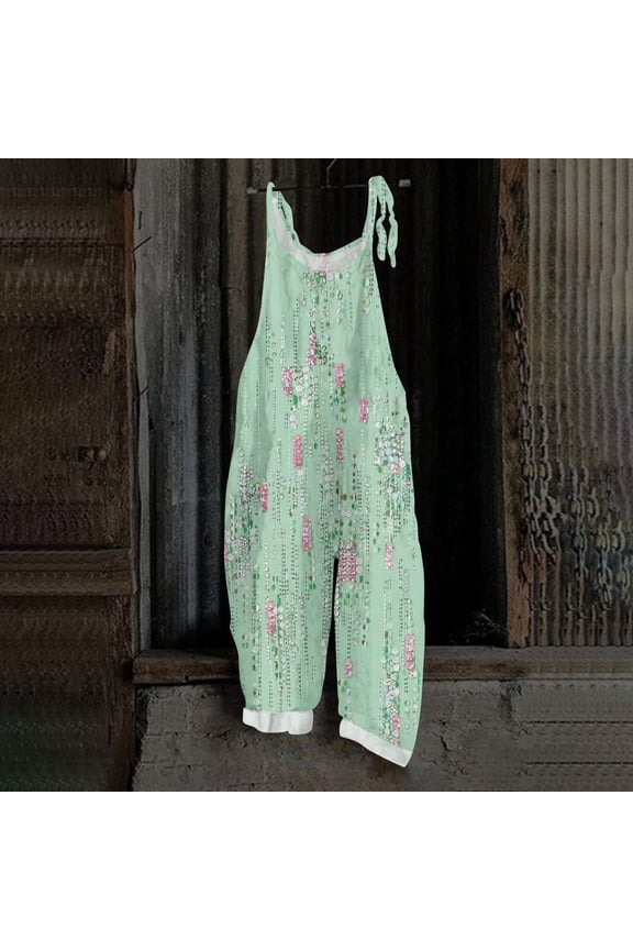 Spring Summer Plus Size Boho Overalls for Women 2026 Hippie Cloth Floral Printed Jumpsuits Spaghetti Strap Rompers Green XL