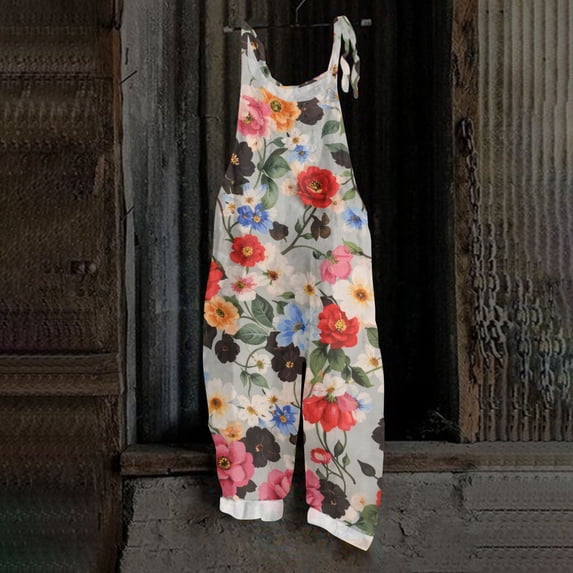 Spring Summer Plus Size Boho Overalls for Women Hippie Cloth Floral Printed Jumpsuits Spaghetti Strap Rompers Pink 4XL