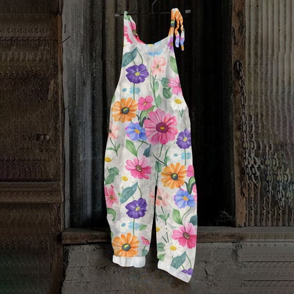 Spring Summer Plus Size Boho Overalls for Women 2026 Hippie Cloth Floral Printed Jumpsuits Spaghetti Strap Rompers Red 2XL