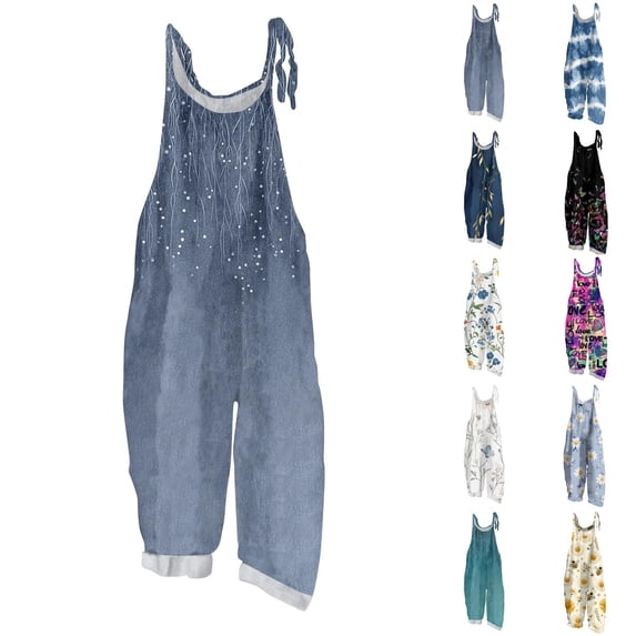Spring Summer Plus Size Boho Overalls for Women Hippie Cloth Floral Printed Jumpsuits Spaghetti Strap Rompers Sky Blue S