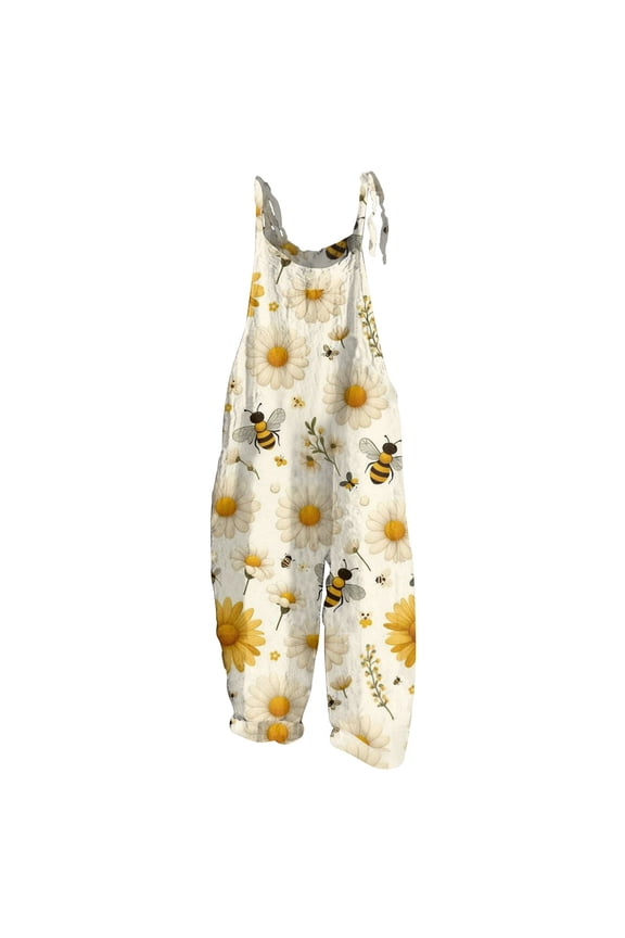 Spring Summer Plus Size Boho Overalls for Women Cloth Floral Printed Jumpsuits Spaghetti Strap Rompers Beige L