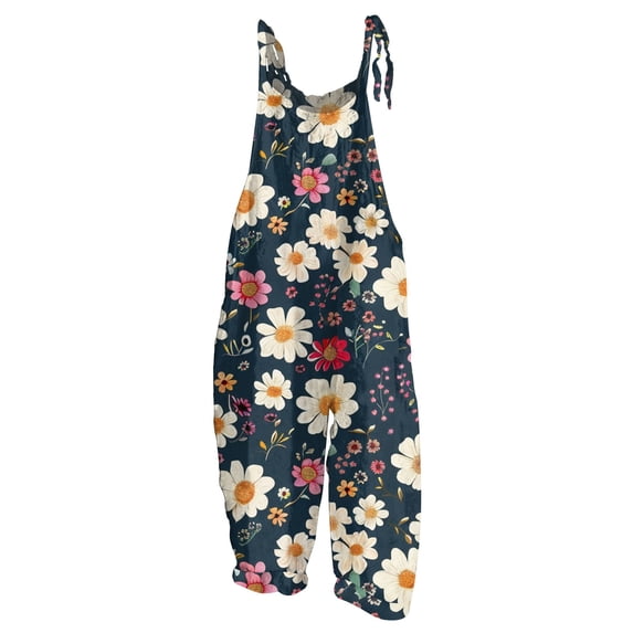 Spring Summer Plus Size Boho Overalls for Women Cloth Floral Printed Jumpsuits Spaghetti Strap Rompers Gray M