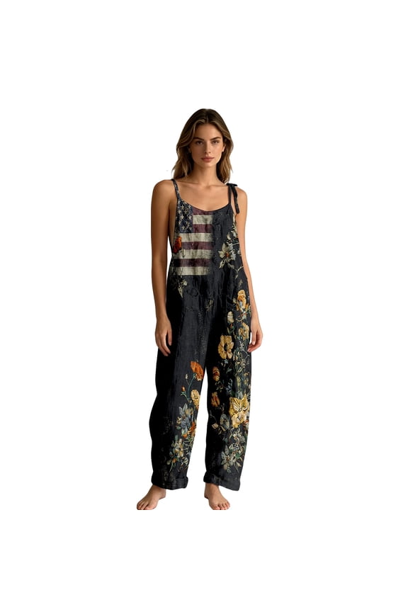 Spring Summer Plus Size Casual Overalls for Women Floral & American Flag Printed Spaghetti Strap Wide Leg Jumpsuits