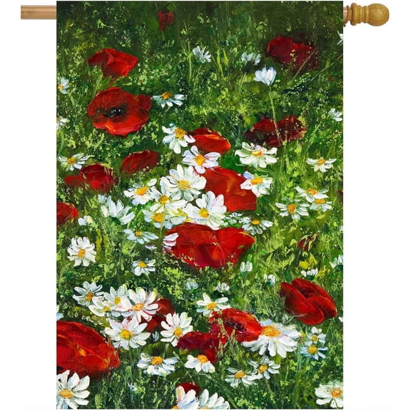 Spring Summer Poppy Daisies Floral Flower Nature Art House Flag 28" x 40" Double Sided Polyester Welcome Yard Garden Flag Banners for Patio Lawn Home Outdoor Decor