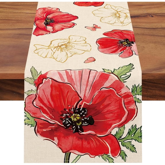Spring Summer Poppy Flower Table Runner, Red Gold Floral Butterfly Kitchen Dining Table Decoration, Seasonal Burlap Indoor Outdoor Home Decor Party Supply 13 x 72 Inches