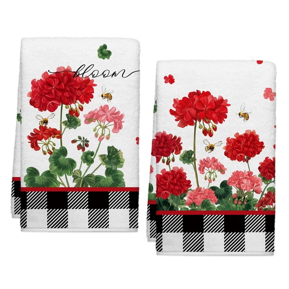 Spring Summer Red Geranium Floral Kitchen Towels, Bees Dish Towels Set of 2, Spring Watercolor Pink Flowers 18 x 26 Inch Hand Towel Quick Drying Dishcloth Decor for Kitchen Bathroom Home