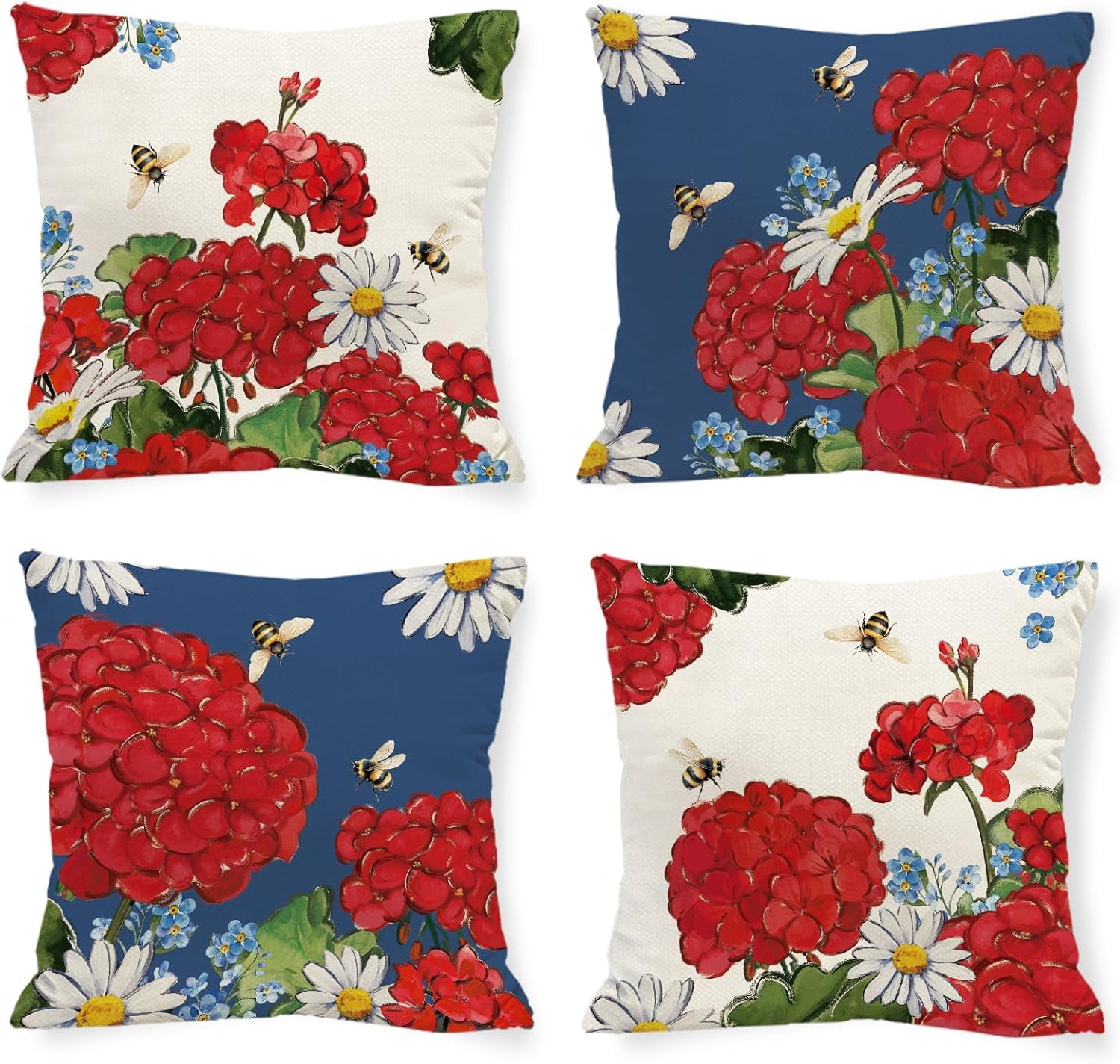 Spring Summer Red Geranium Pillow Covers White Daisy Floral 18 x 18 Inch Throw Pillows, Farmhouse Bee Seasonal Outdoor Indoor Decorative for Cushion Case Sofa Couch Set of 4