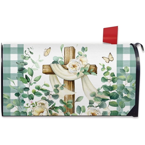 Spring Summer Religious Cross Mailbox Cover Magnetic Standard Size 21"x18", Easter Christian Flower Leaves Decorative Post Letter Box Wrap Decor, Green Plaid Farmhouse Garden Outdoor Decoration