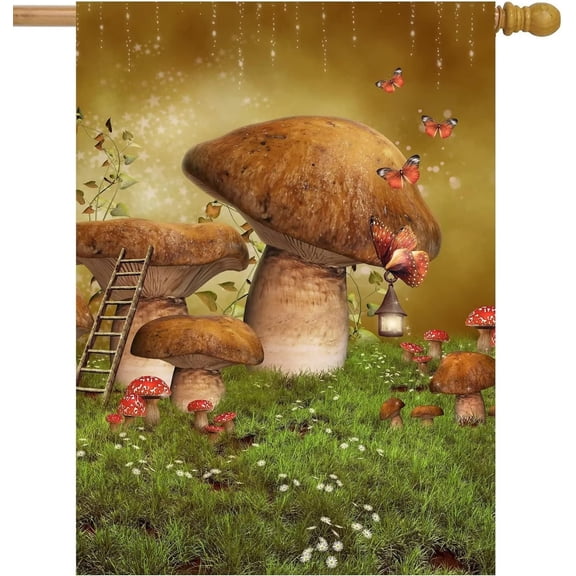 Spring Summer Retro Fantasy Fairy Mushrooms Flowers Grass and Butterflies Garden Flag 28×40 Inch Small Vertical Double Sided Seasonal Outside Decor for Farmhouse Yard