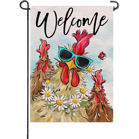 Spring Summer Rooster Decorative Garden Flag Double Sided Burlap Yard Lawn Outdoor Home Decor with Daisy and Ladybug 12 x 18
