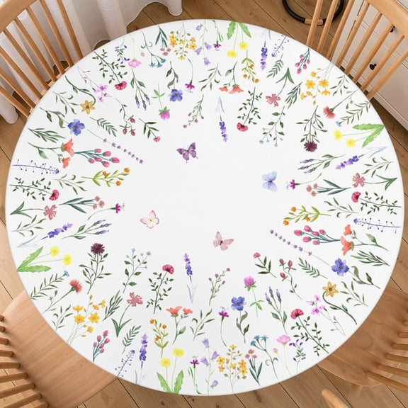 Spring Summer Round Fitted Tablecloth with Elastic Edge 44-48 Inch Floral Pattern Table Cover Washable Flowers Butterfly Table Cloth for Kitchen Dining Party Patio Picnic